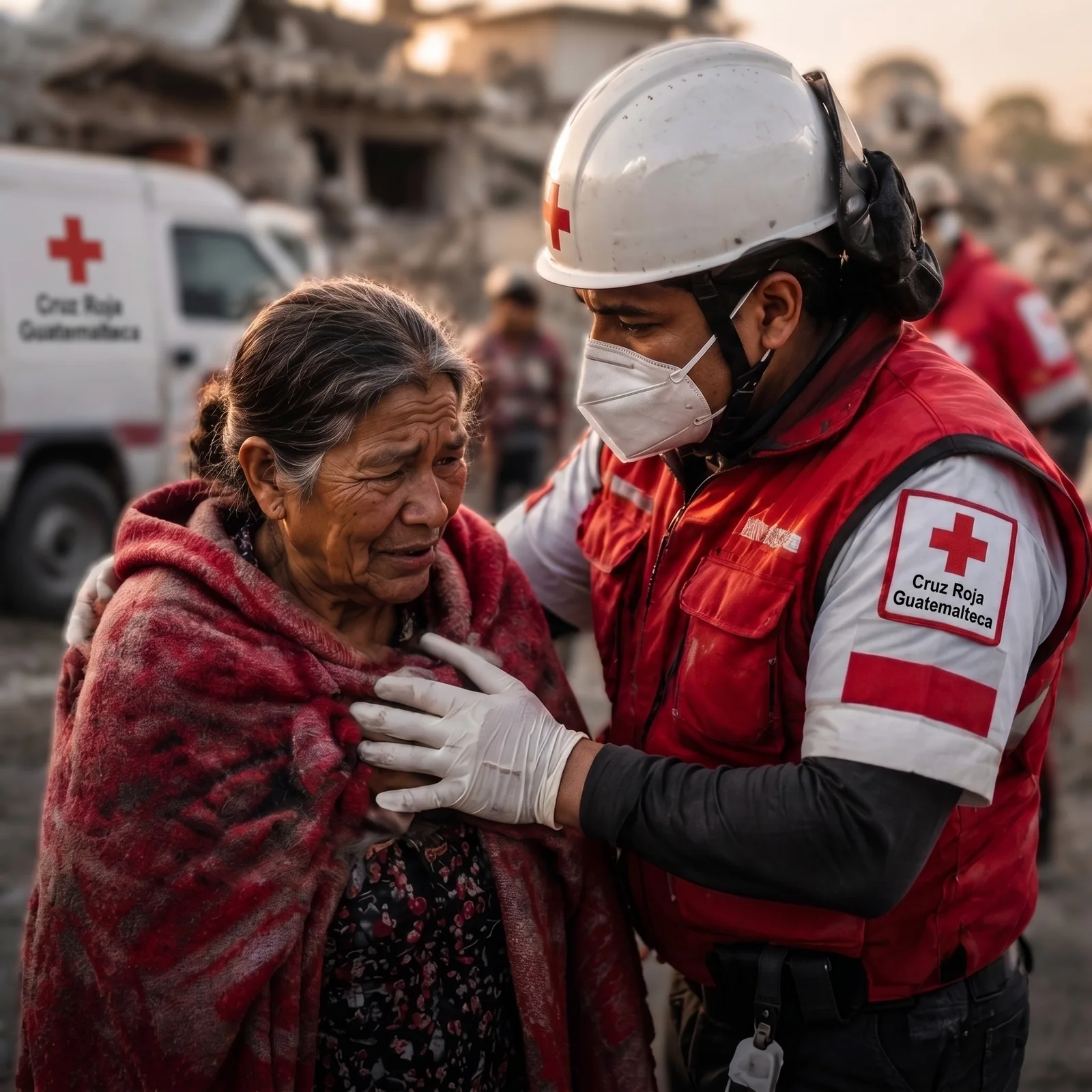 Rescatista de Cruz Roja Guatemalteca asistiendo a una mujer después de una emergencia