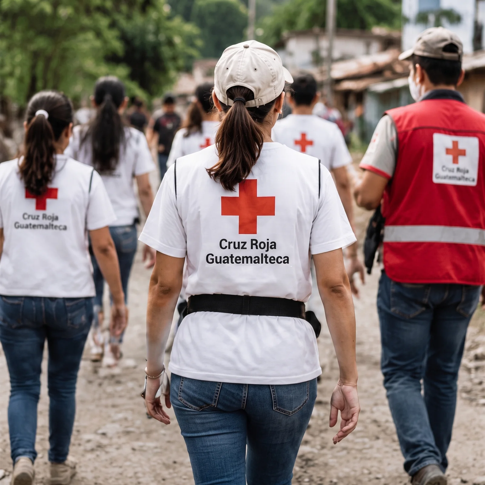 Equipo de voluntariado de Cruz Roja Guatemalteca caminando hacia una comunidad